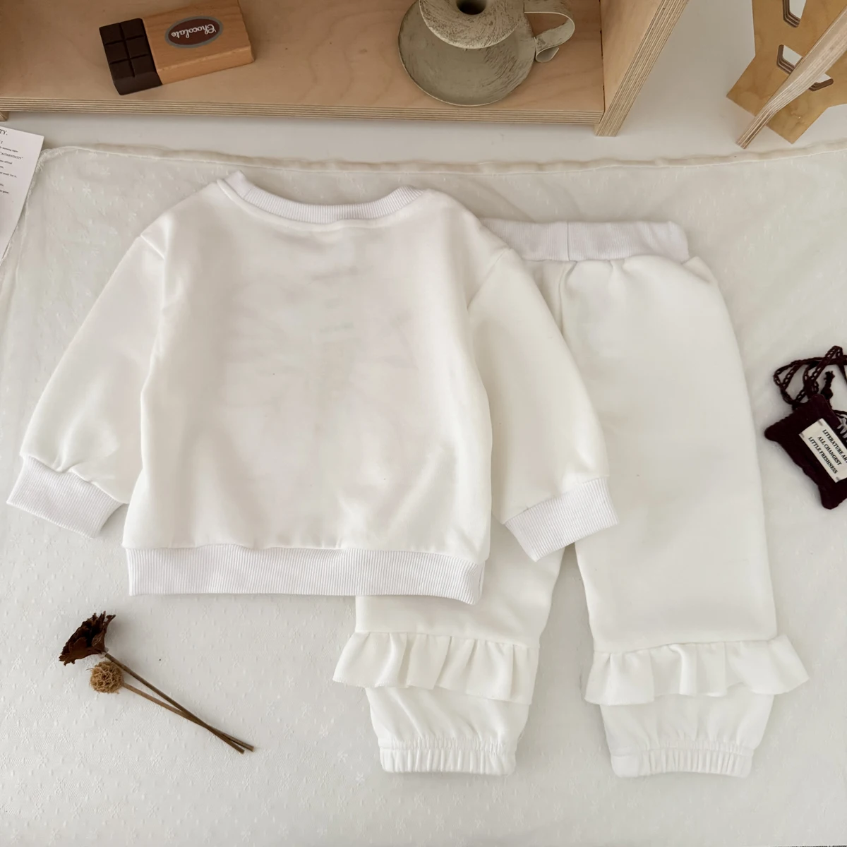 Spring Autumn Sweet Baby Girls 2Pcs Set Big Bow Applique Sweatshirt Ruffle Hem Cuffed Jogger Kids Outfit