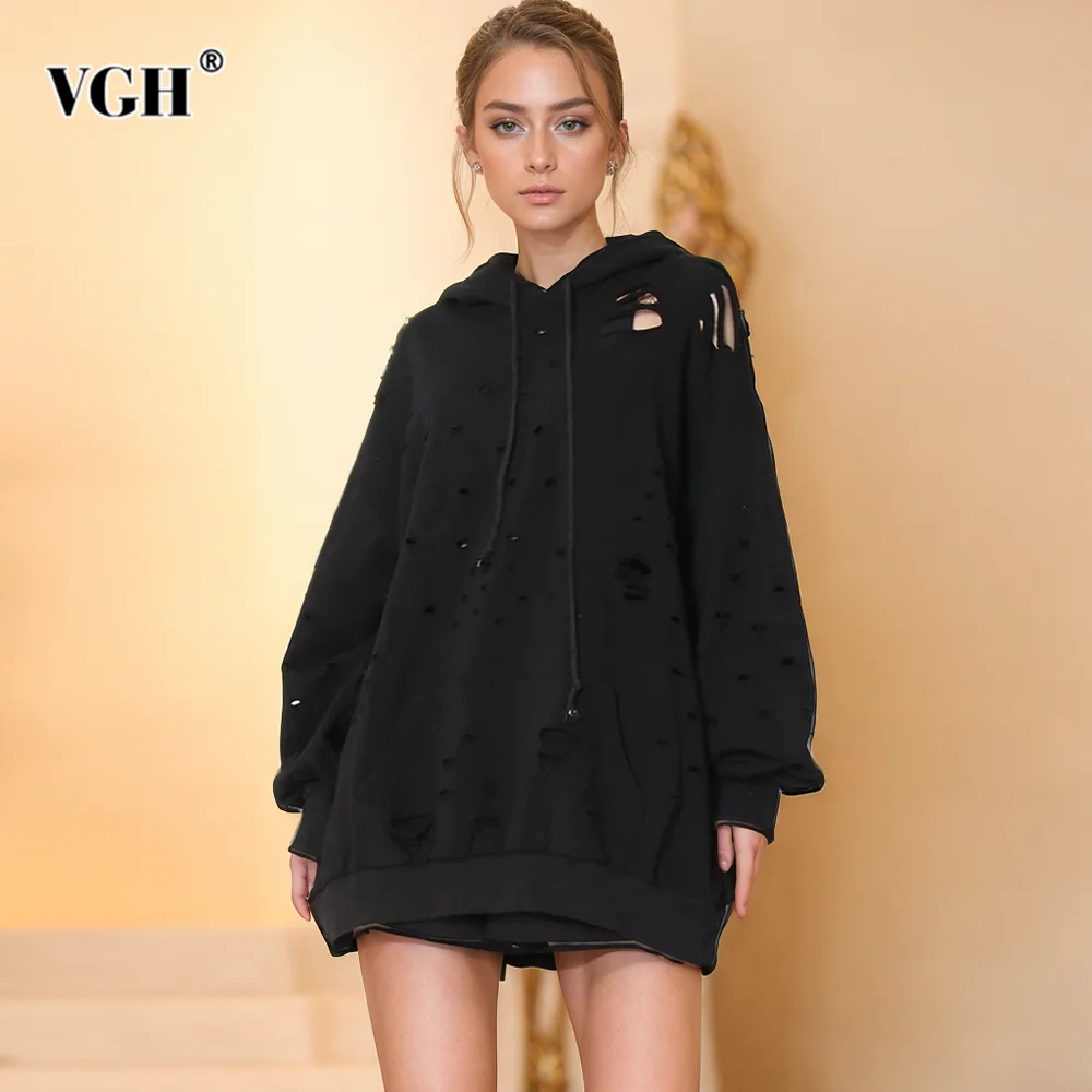 VGH Solid Hollow Out Casual Sweatshirt For Women Hooded Long Sleeve Minimalist Loose Sweatshirts Female Fashion Clothing Style