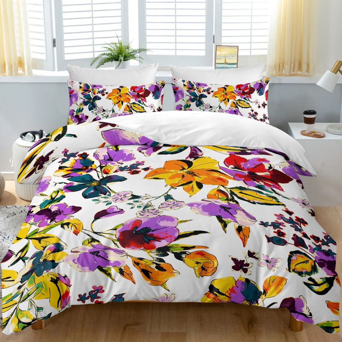 

3pc Large Purple and Orange Flowers Printed Bedding Set Quilt Cover with Zipper Closure 1 Duvet Cover and 2 Pillow Cases