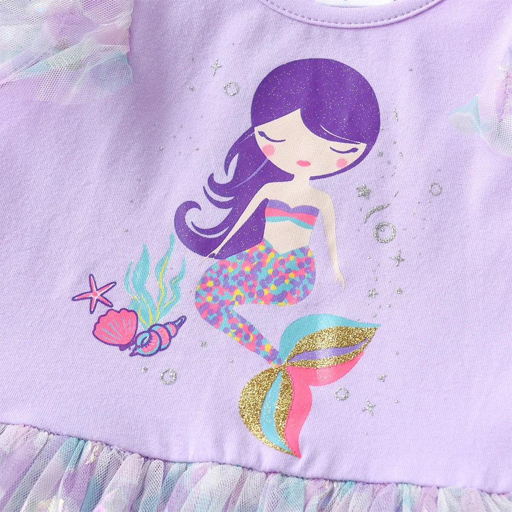 DXTON Girls Summer Tutu Dress Kids Mermaid Print Cartoon Layered Dresses Girls Birthday Party Travel Beachwear Children Clothing
