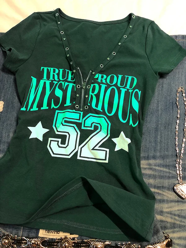 Blue Letter Print ort Sve V-Ne T-irt Women's Summer Vintage Sle Regular Fit Cotton Top for Young Ladies