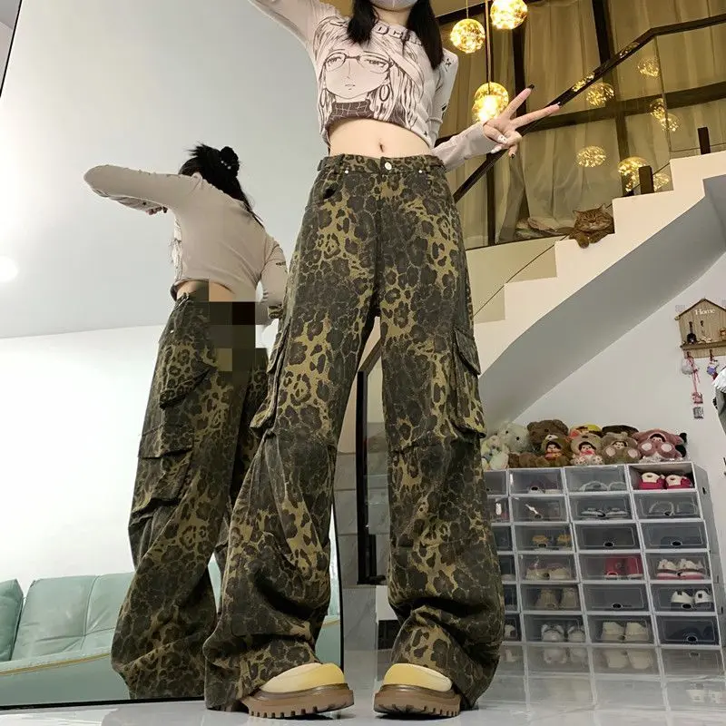 Leopard Print Cargo Pants Women Men Y2K Streetwear Baggy Wide Leg Jeans Casual Loose Denim Trousers Vintage American Style
