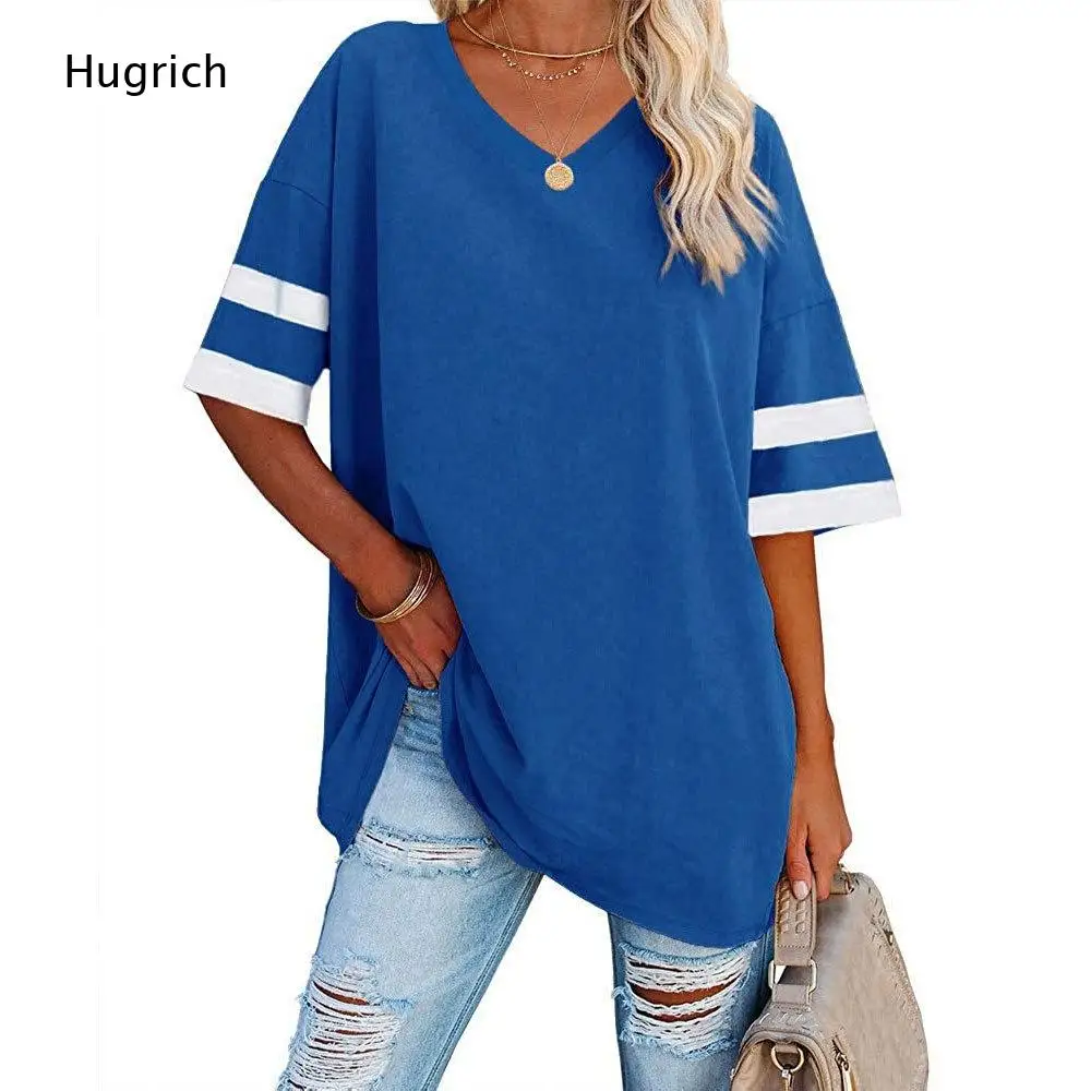 Women's V-Neck Color Block Short Sleeve Tunic Top, Loose Fit Drop Shoulder Casual Tee Shirt with Striped Sleeves for Summer