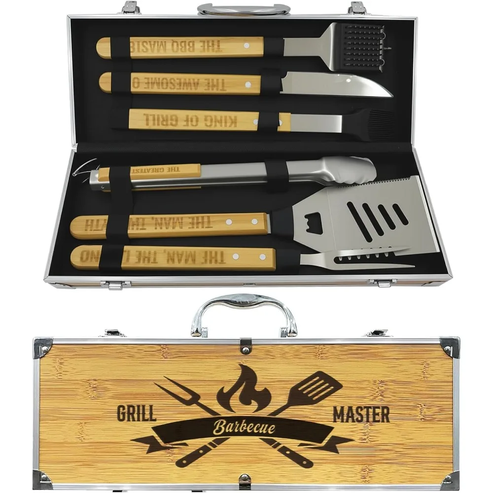 

Набор инструментов для гриля, деревянные инструменты для гриля и аксессуары для барбекю, подарки для мужчин, рождественские подарки для гриля для папы, сверхмощная нержавеющая сталь