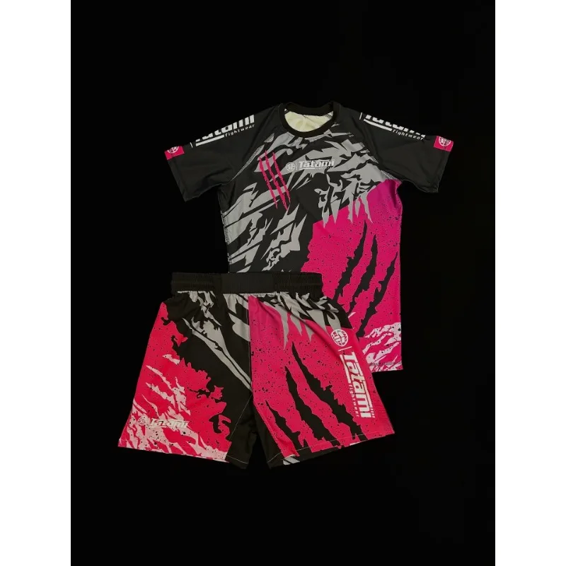

2026 Summer Tatami Fight Wear Set Men's Black 3D Print Short Sleeve Fight Shorts Quick-Dry MMA Fittness Training MOTO