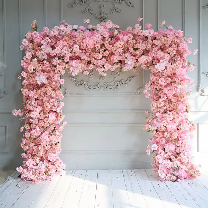 

Custom series Pink rose peony Hydrangea green leaf artificial square arch wedding background decoration banquet event layout