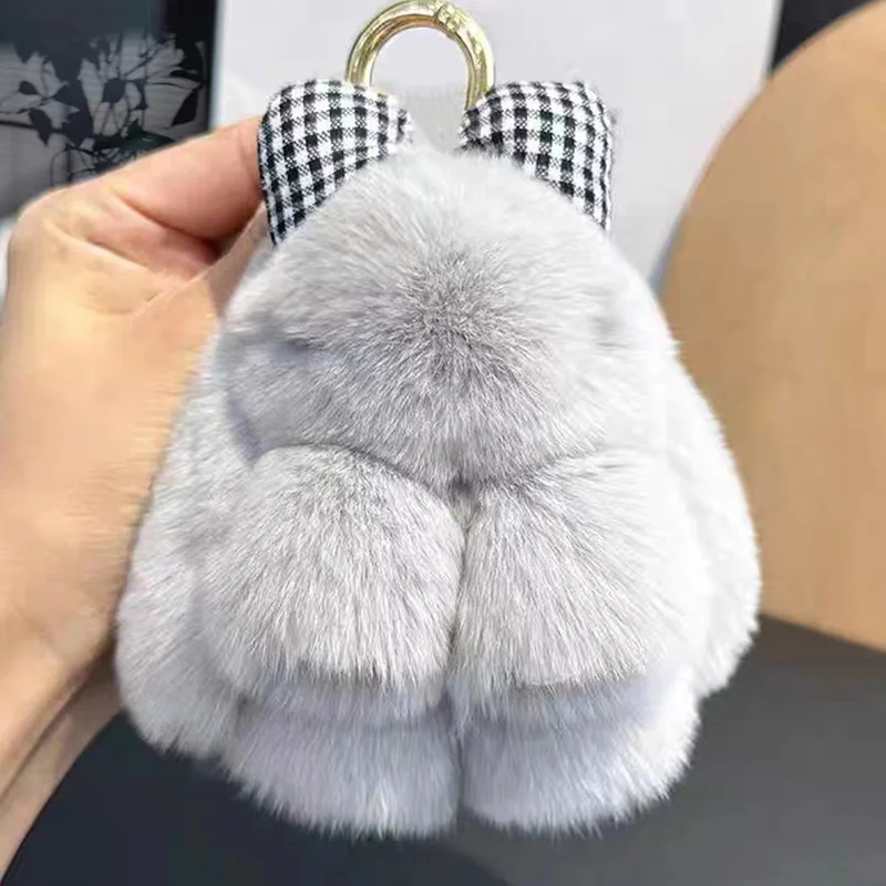 Bonito real lontra coelho com bowknot pequeno coelho carro chaveiro pingente brinquedo de pelúcia mochila decoração