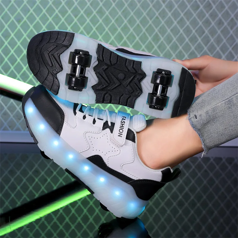 Boys and Girls' Four-wheel Roller Skate Shoes Children's Rechargeable Light-up Transformable Wheel Shoes Student Adult Sneakers