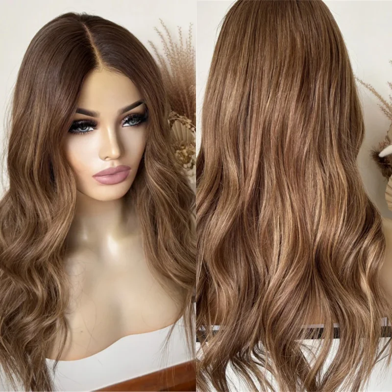 

Синтетический парик без клея с эффектом омбре: коричневый с блондом, с HD-кружевной передней частью, предварительно проработанной линией роста волос, 13x4, с центральным пробором, натуральные волны