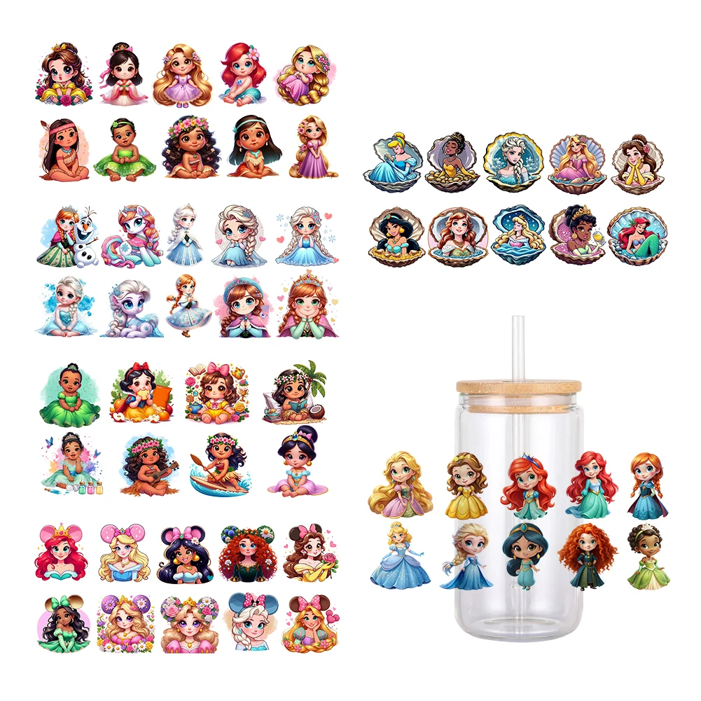 Disney Cartoon Princess Cute Kawaii UV DTF Transfer Sticker Waterproof Transfers Decals For 16oz Glass Cup Wrap Stickers