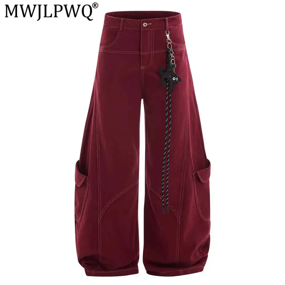 MWJLPWQ Vibe Trendy Silhouette Scythe Cargo Pants For Men Street Style Large Pockets Unique Design Loose Wide-Leg Trousers 17461