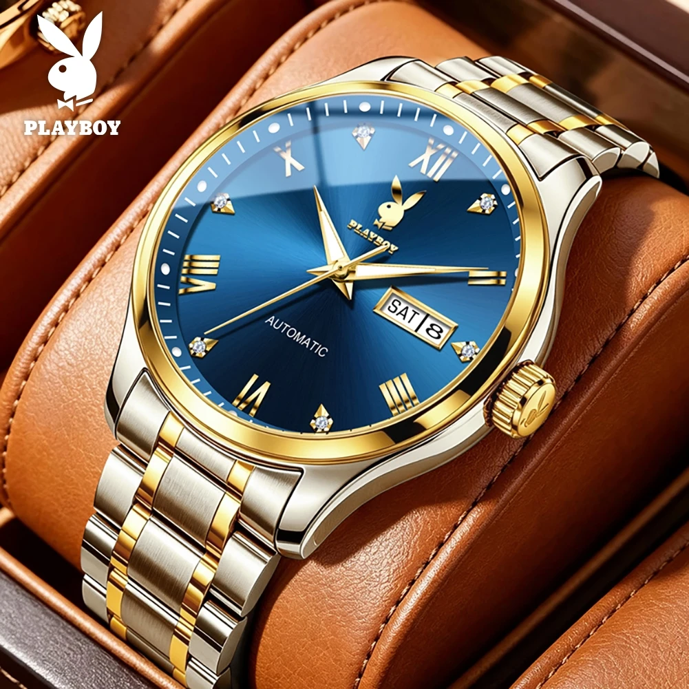 PLAYBOY 3901 Couple Watches Automatic Mechanical Wristwatches Luxury Waterproof Luminous Dual Calendar Diving Watches For Couple