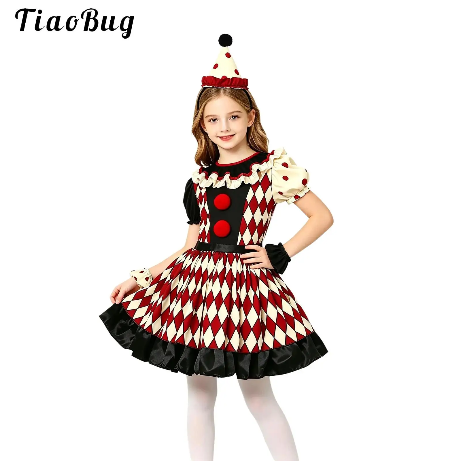 Kids Girls Clown Costume Halloween Circus Performance Set Ruffled Puff Sleeve Diamond Pattern Layered Ballet Tutu Dress with Hat