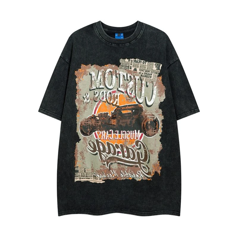 

Motorcycle Large Size Retro Short-Sleeved Summer Men's and Women's Clothing Street Hip-Hop Washed Cotton Distressed