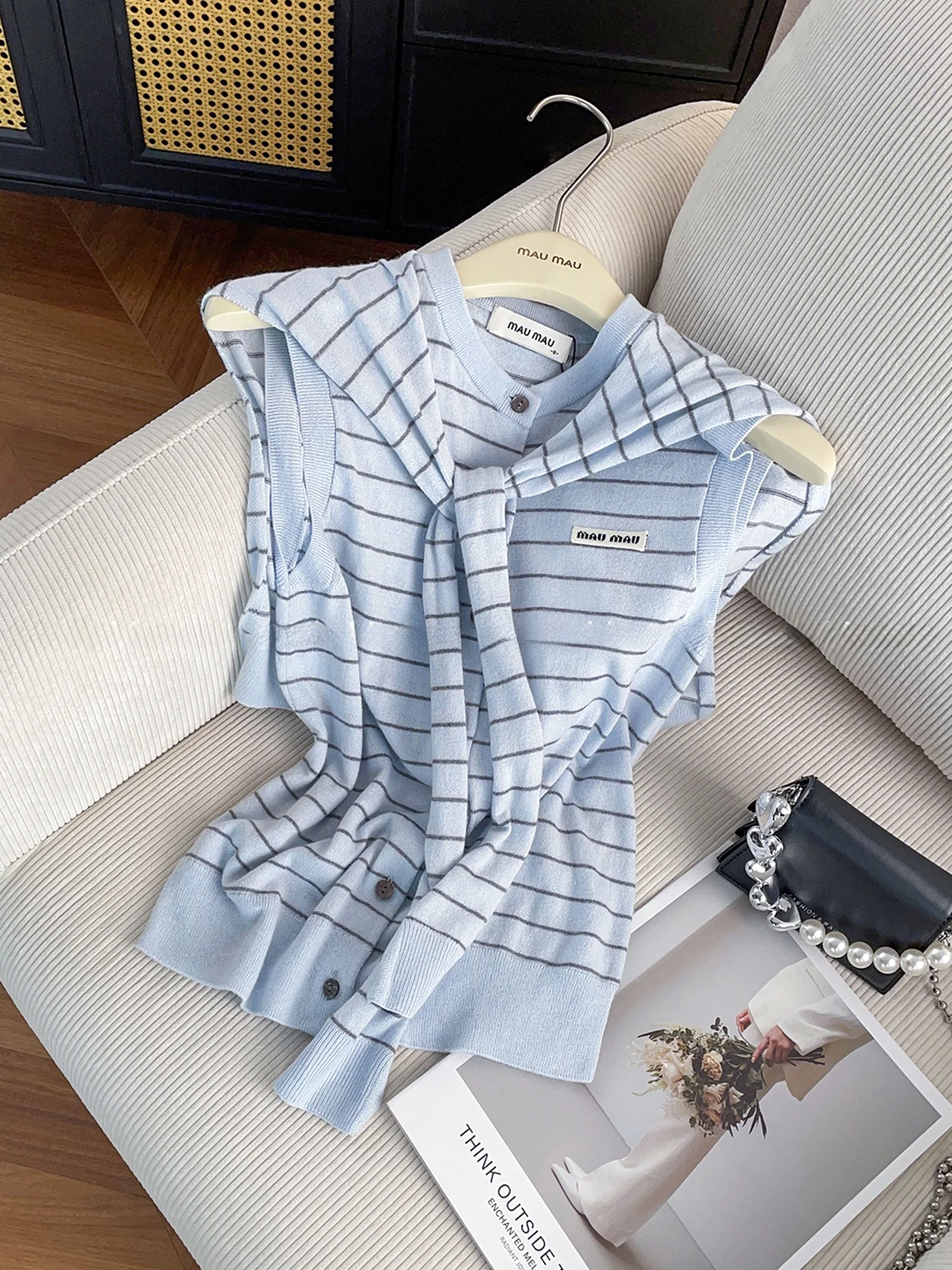 

Корейский Sle Faionable, новый летний повседневный полосатый вязаный женский топ с запахом для похудения, универсальный универсальный