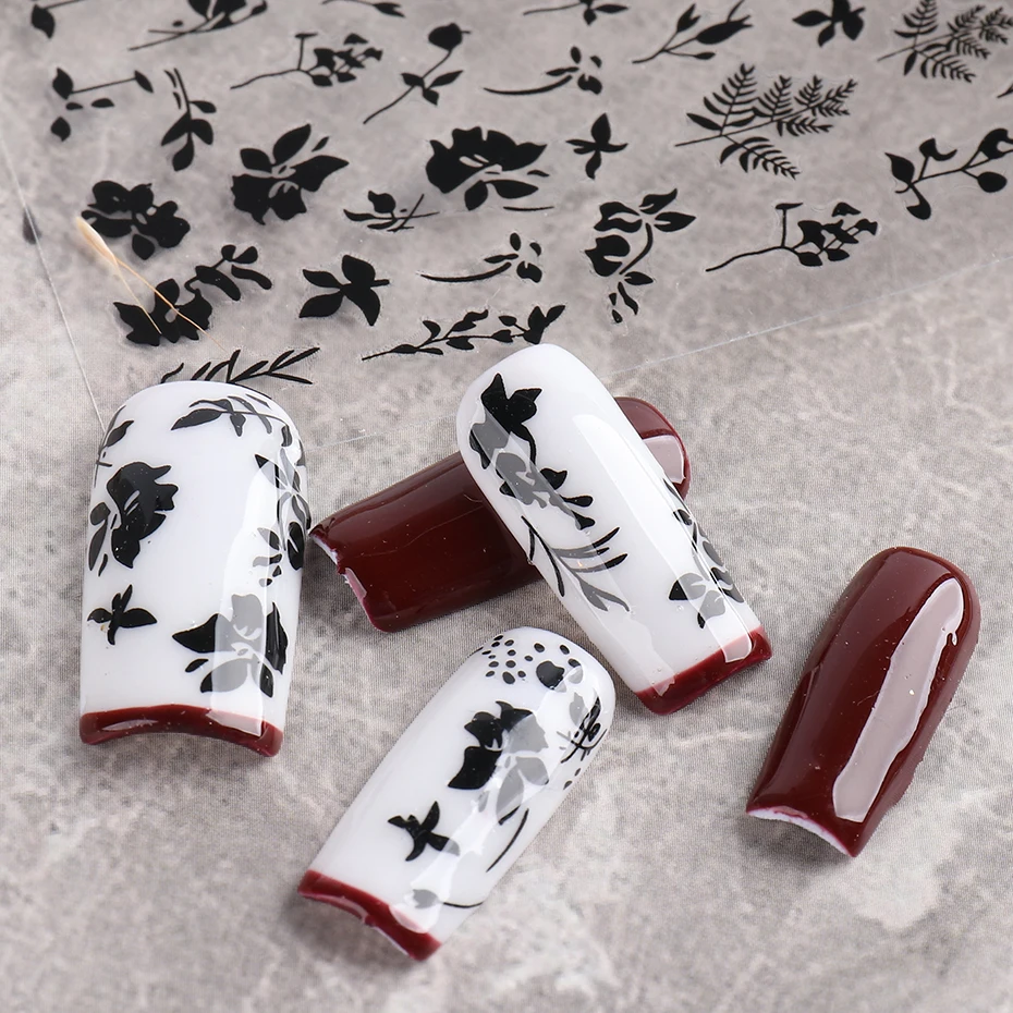 2 stks 3D Eenvoudige Bloemen Blad Nagelstickers Elegant Zwart Wit Bloem Ontwerp Leuke Stickers Voor Nail Art Decoratie DIY