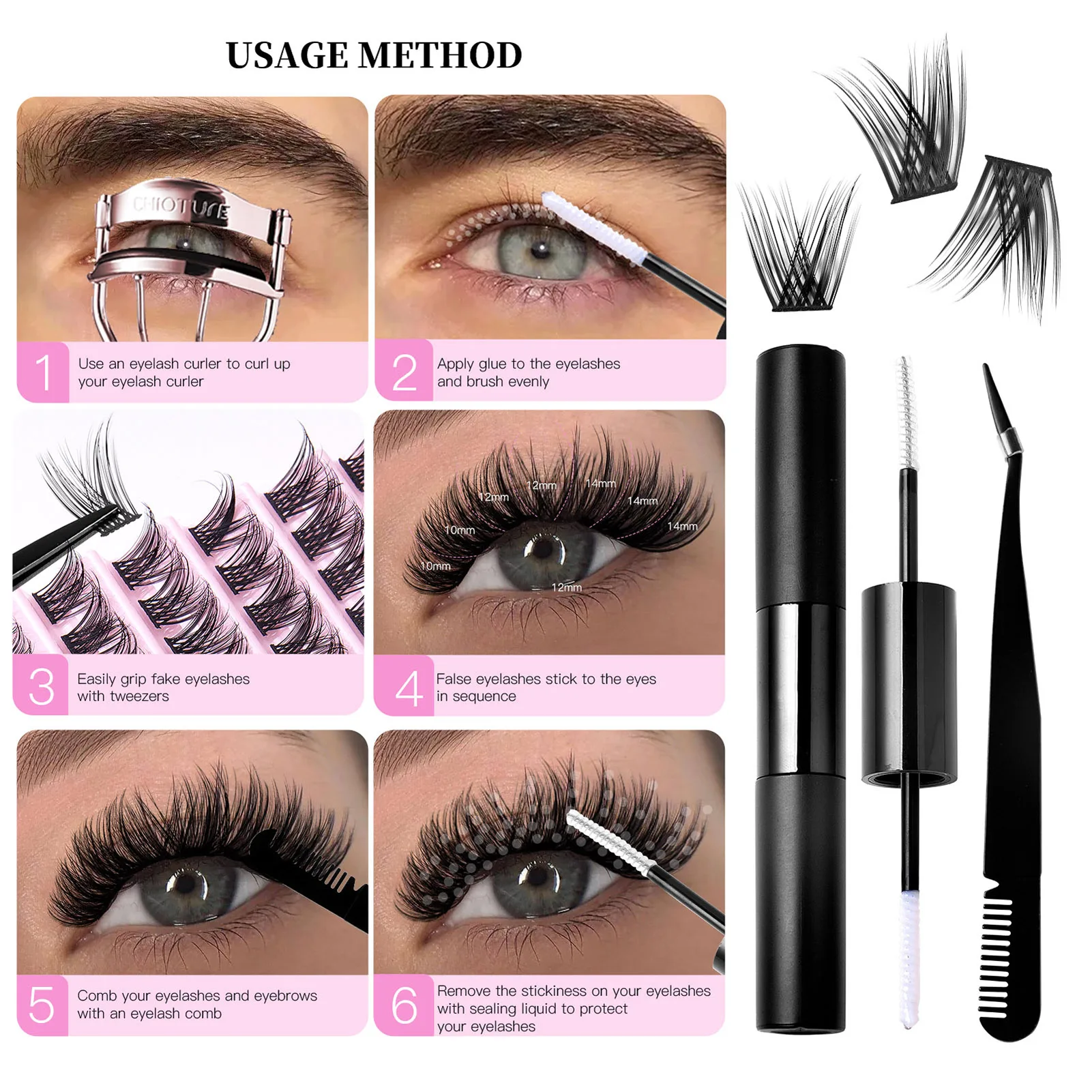 10 Rijen Cluster Wimpers Verbinden En Afdichten Wimperlijm Wimperverlenging Lash Clusters Pincet Tools Kit Voor Professionele Make-Up