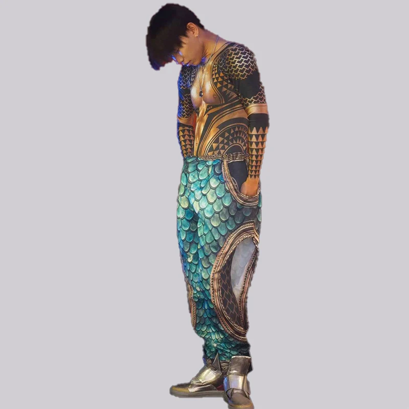 

Halloween Costume Fashion Print Tattoo 2 Piece Man Jumpsuits Long Sleeves Pole Party Club Outfits Stage Performance Celebrate