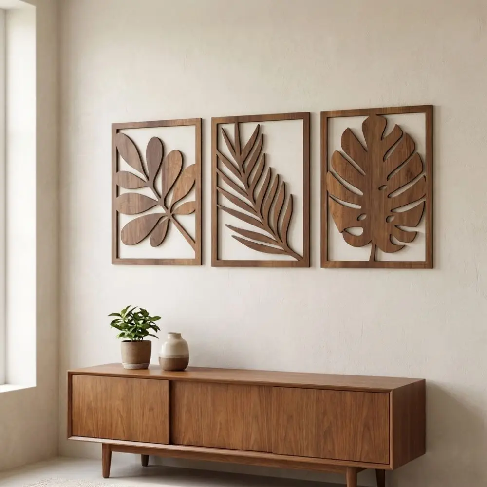 3Pcs Rustic Wooden Tropical Leaves Wall Sign Farmhouse Artistic Monstera Wall Panel Set Cutout Leaf Nature Inspired