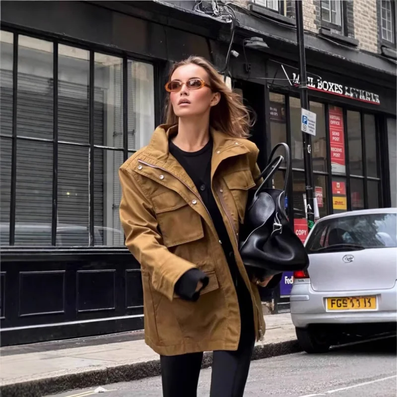 

Autumn Winter New European and American Women's Fashion Casual Pocket Decor High Collar Long Sleeve Workwear