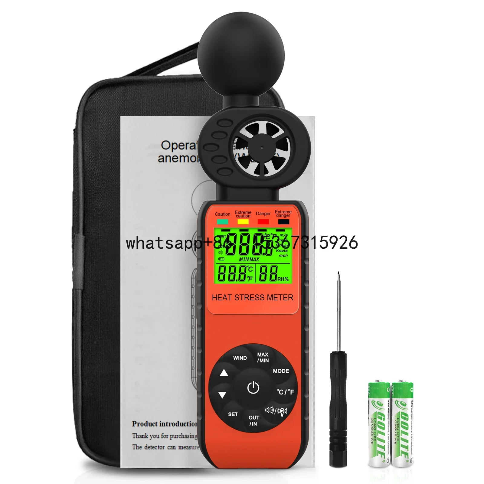 

q-881W LCD display measures wind speed, black sphere temperature, ambient temperature and ambient humidityAnemometer