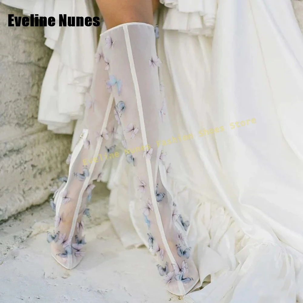 

Сетчатые свадебные сапоги с украшением в виде бабочки, элегантные женские модные модельные сапоги до колена с острым носком на шпильке, уличный стиль