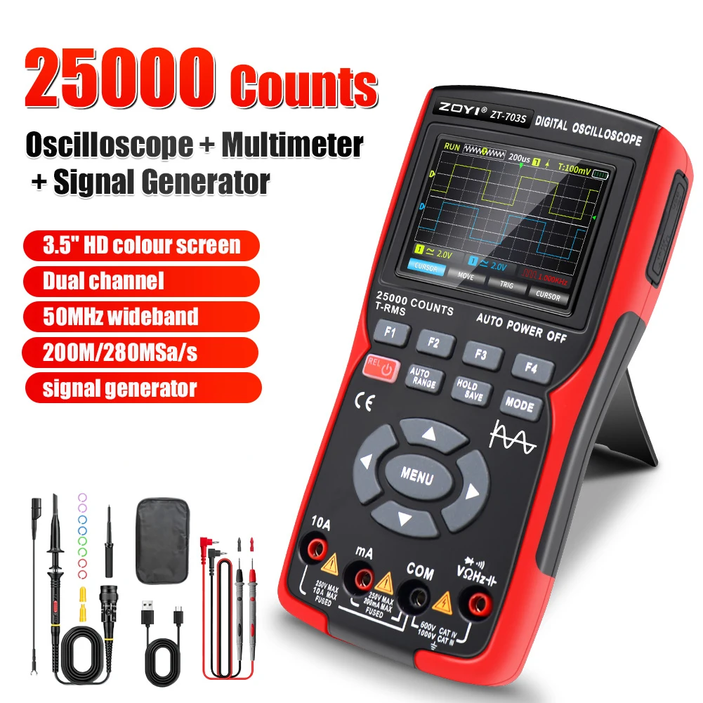 Oscilloscope Signal Generator 3in1 Digital Multimeter Dual Channel 50MHz Bandwidth 280MS Sampling Rate PC Waveform Data Storage