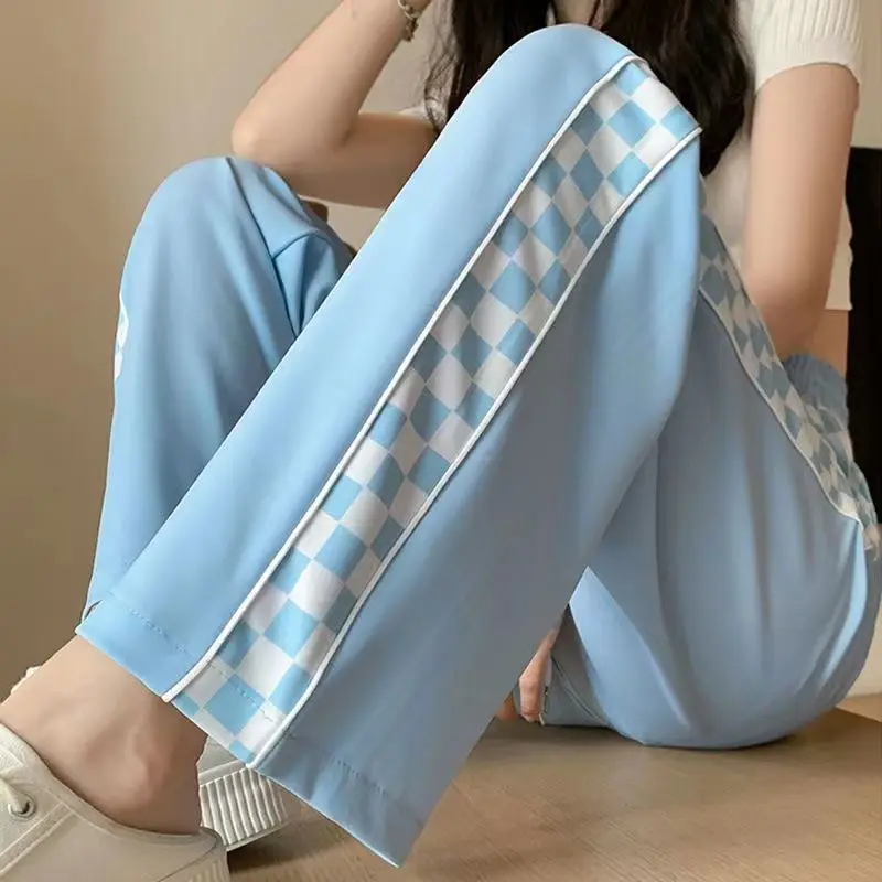 Summer Thin Ice Floss Pockets Drape Wide Leg Pants All-match Side Splice Checkerboard Drawstring Loose Straight Womens Trousers