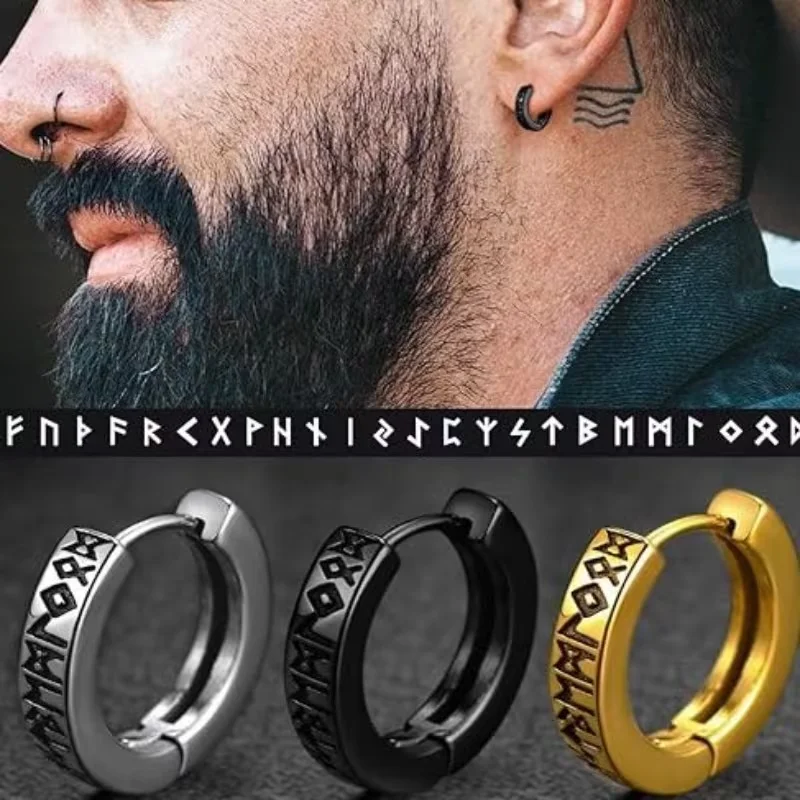 Viking Runes Huggie Hoop Earrings 316 Stainless Steel Norse Vintage Engraved Punk Streetwear Piercing Jewelry for Women Men