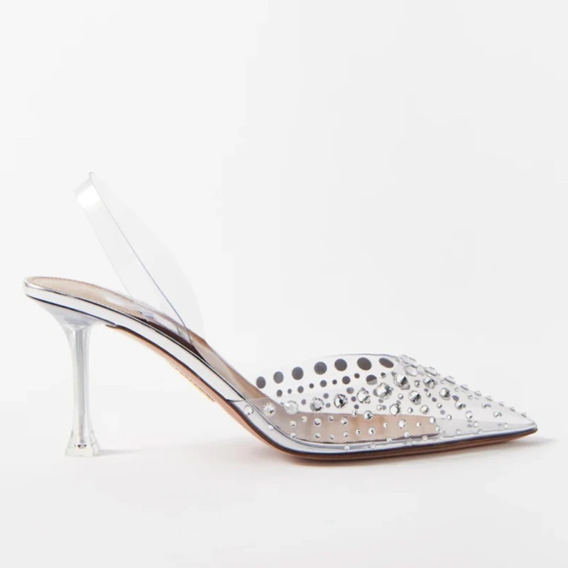 

Spring Summer Transparent Womens Shoes Pointed Toe Rhinestone Sandals Comfortable High Heels Fashion Trendy Ladies Footwear