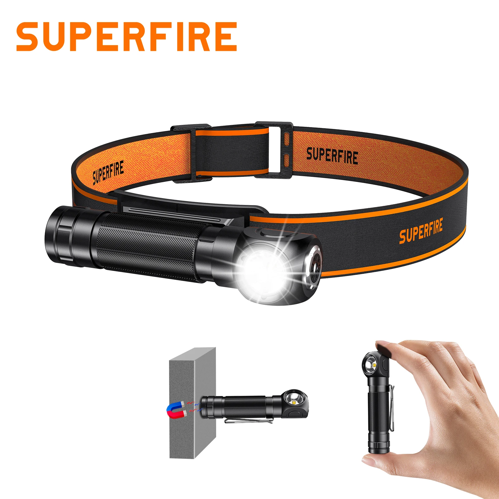 superfire th03 farol led de alta potencia recarregavel usb com cauda magnetica multifuncional farol portatil edc cabeca lanterna 01