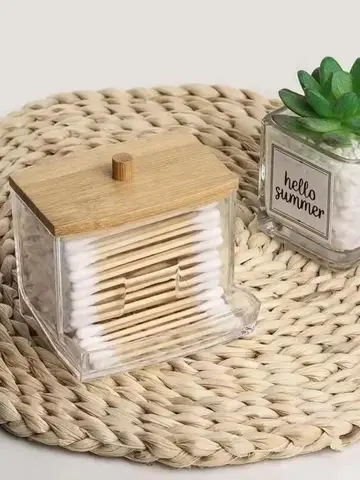 Cotton Swab Storage Box Double Head Cotton Buds Container Transparent Square Bamboo Cover Cotton Swab Toothpick Organize Box