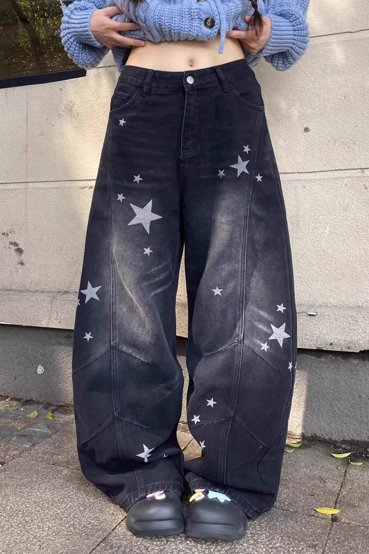 

Женские черные брюки со звездами, мешковатые брюки-парашюты, Harajuku, большие спортивные штаны-бойфренды, японский стиль 2000-х, винтажные брюки Y2k