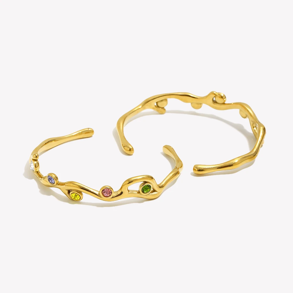 E.B.belle Plant Branch Shape Open Bracelet Colorful Rhinestone Bangle 18K Gold Plated Stainless Steel For Women Hypoallergenic