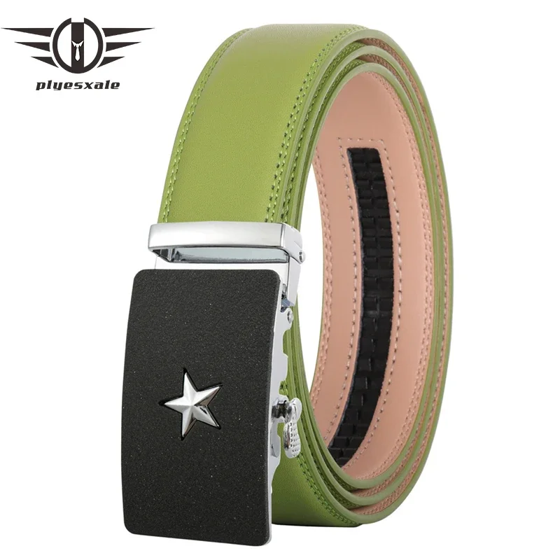 Plyesxale Five-pointed Star Automatic Buckle Belt 150cm 140cm Luxury Mens Belts Genuine Leather White Blue Green Red Brown B821