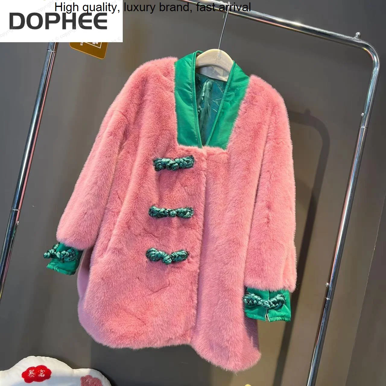 New Autumn 2023 Winter Fashion Women Pink Mink Fleece Jacket Mid-long Outwear Colorblock Disc Buckle Loose Long Sleeve Fur Coat