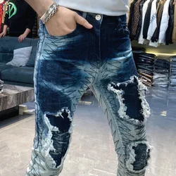 Spring High Street Jeans Embroidery Men Jeans Broken Hole Patch Slim Fit Elastic Jeans Trousers Hip Hop Streetwear Denim Pants