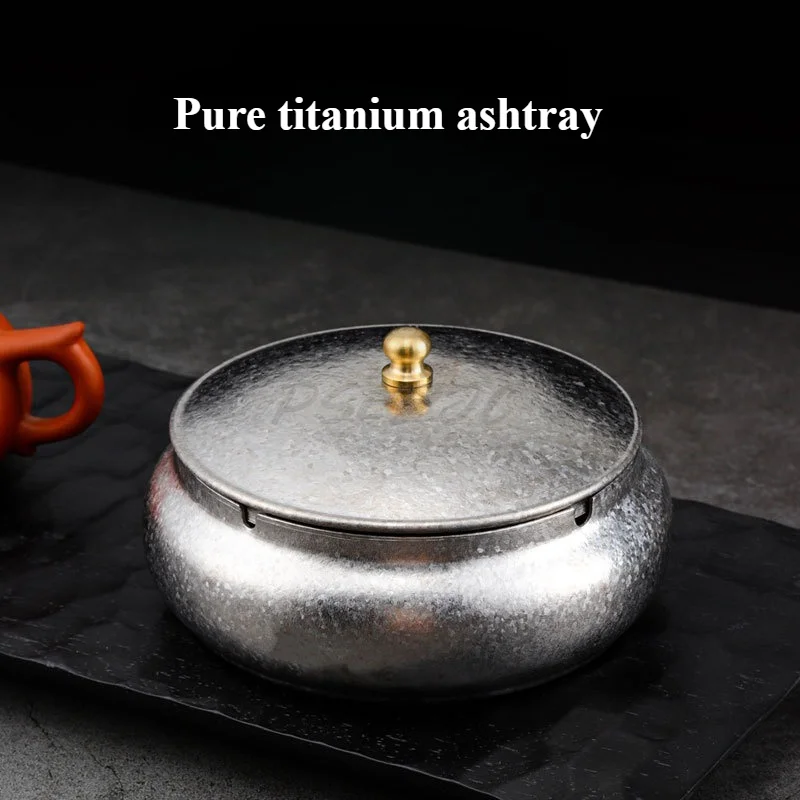 Pure Titanium Ashtray with Lid Light Luxury Home Living Room Decoration Titanium Ice Flower Ashtray Tea Table Decoration
