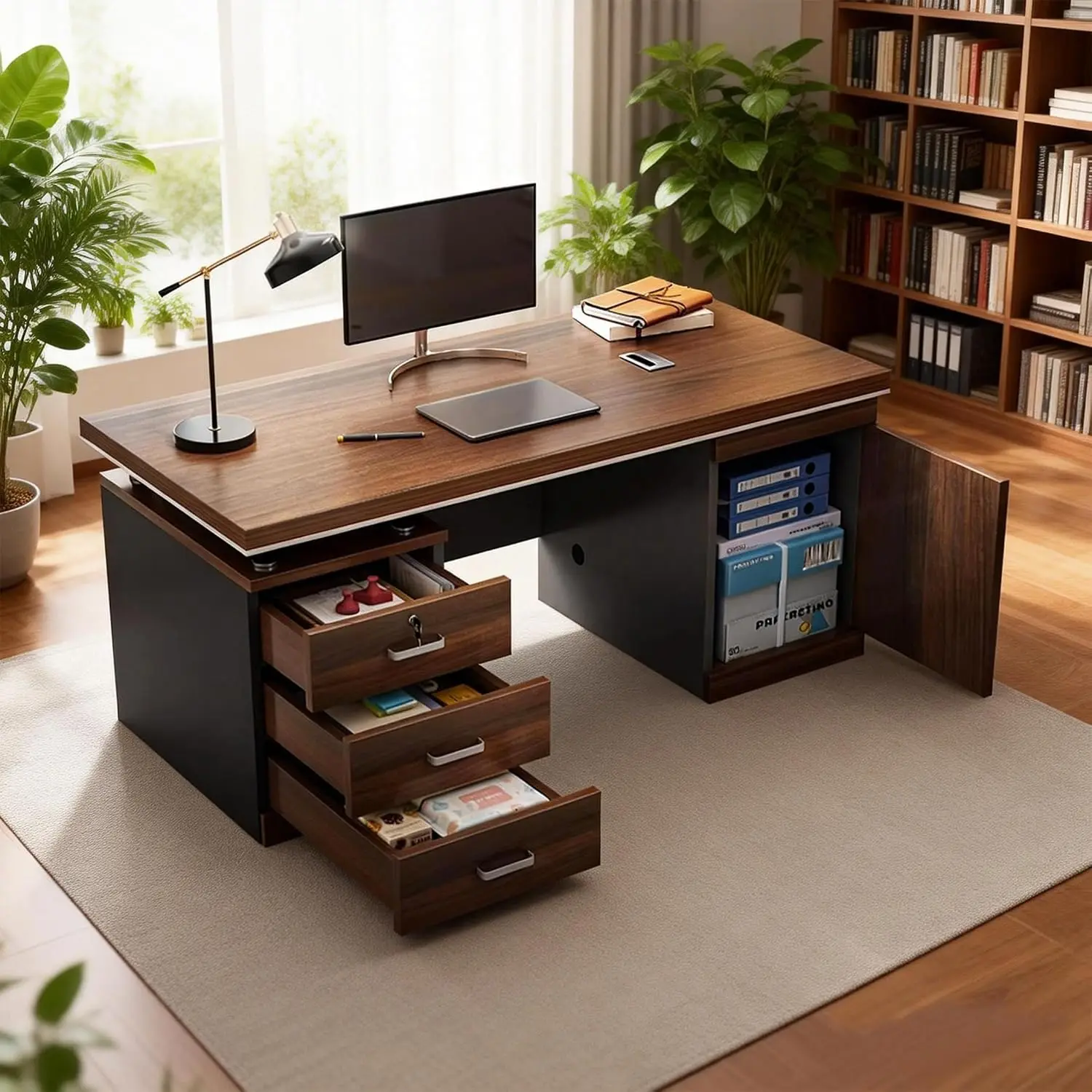 Large Office Desk with 3 Drawers & Storage Cabinet, Computer Executive Desk for Home Office Studio, 71×27.5×30 in, Customized