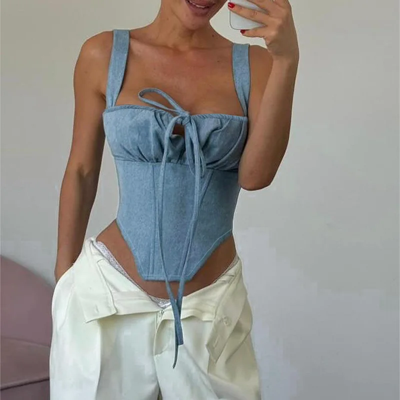 

Women Faux Denim Sexy​ Sleeveless Corset Crop Tops Streetwear Bustier Tank Top Summer Bodice Halter Boned Slim Lingerie Camisole