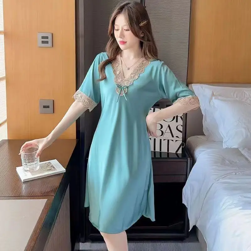 Women\'s Clothing New Silk Pajamas Spring And Summer Thin Section Sexy Sweet Lace Embroidery Short-Sleeved Dress Nightgown