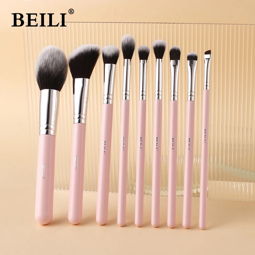 BEILI Makeup Brush Set Baby-Pink-Sliver Professional Synthetic Hair Eyeshadow Powder Eyeliner Cosmetic Tools 8-10pcs