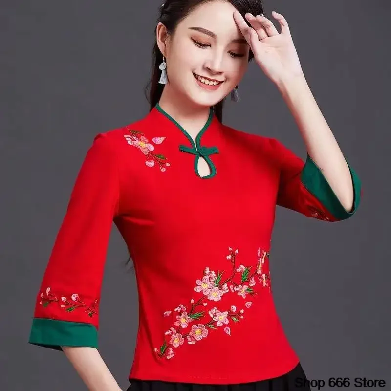 Traditional Chinese Women  Ethnic Style Top Retro Pan Button T-shirt Cotton Linen Embroidery Elastic Comfortable Top Qipao Hanfu