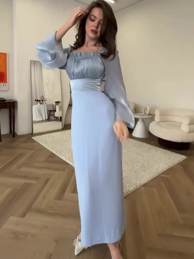 Mulheres mangas lare bodycon Vestidos Midi, colarinho quadrado, monocromático, cintura alta, vestido de festa, robe de baile, novo, outono, 2024