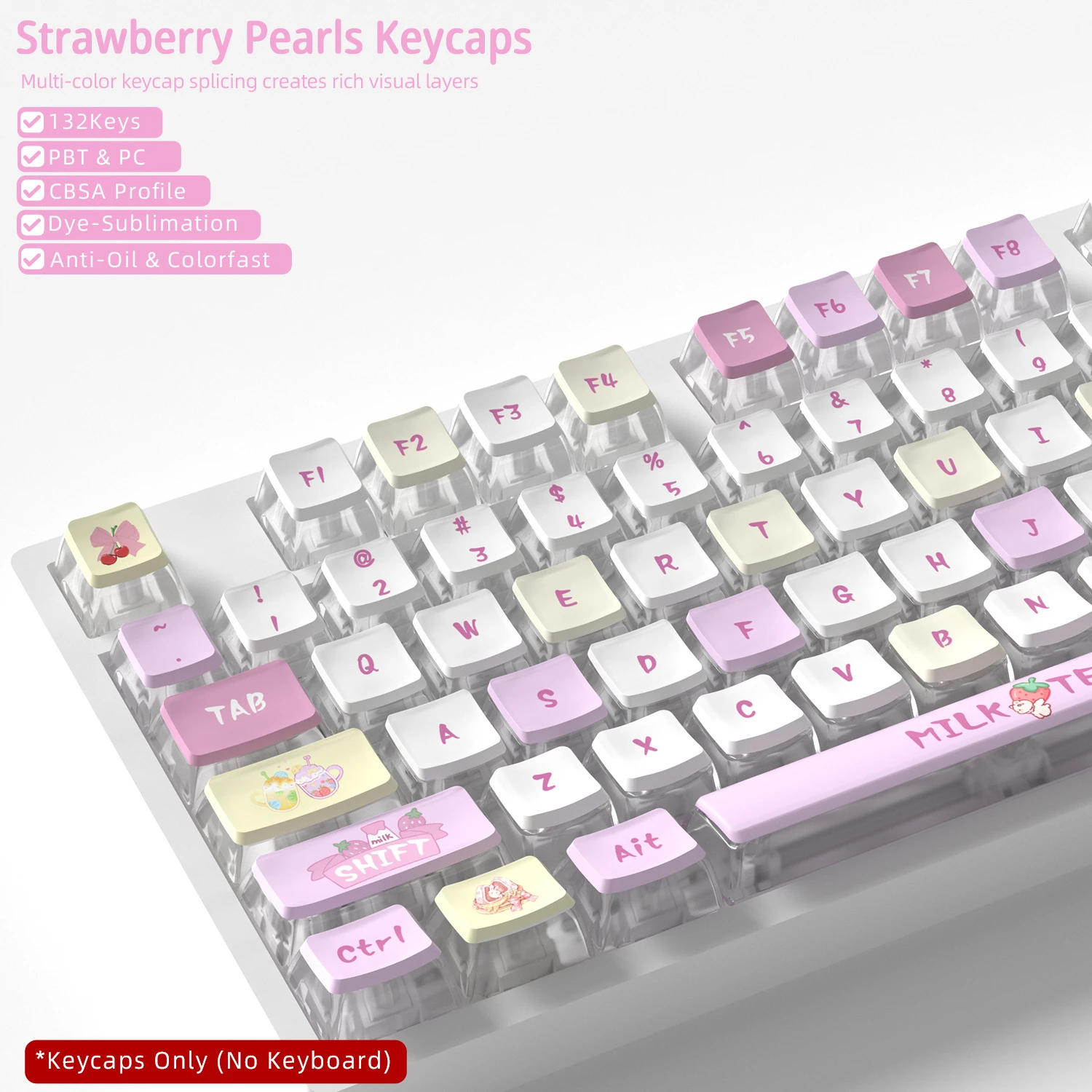 Strawberry Pearls Four-Sided Backlight Keycaps 132 Keys PBT+PC Material CBSA Profile For MX Switch Mechanical Keyboard Keycaps