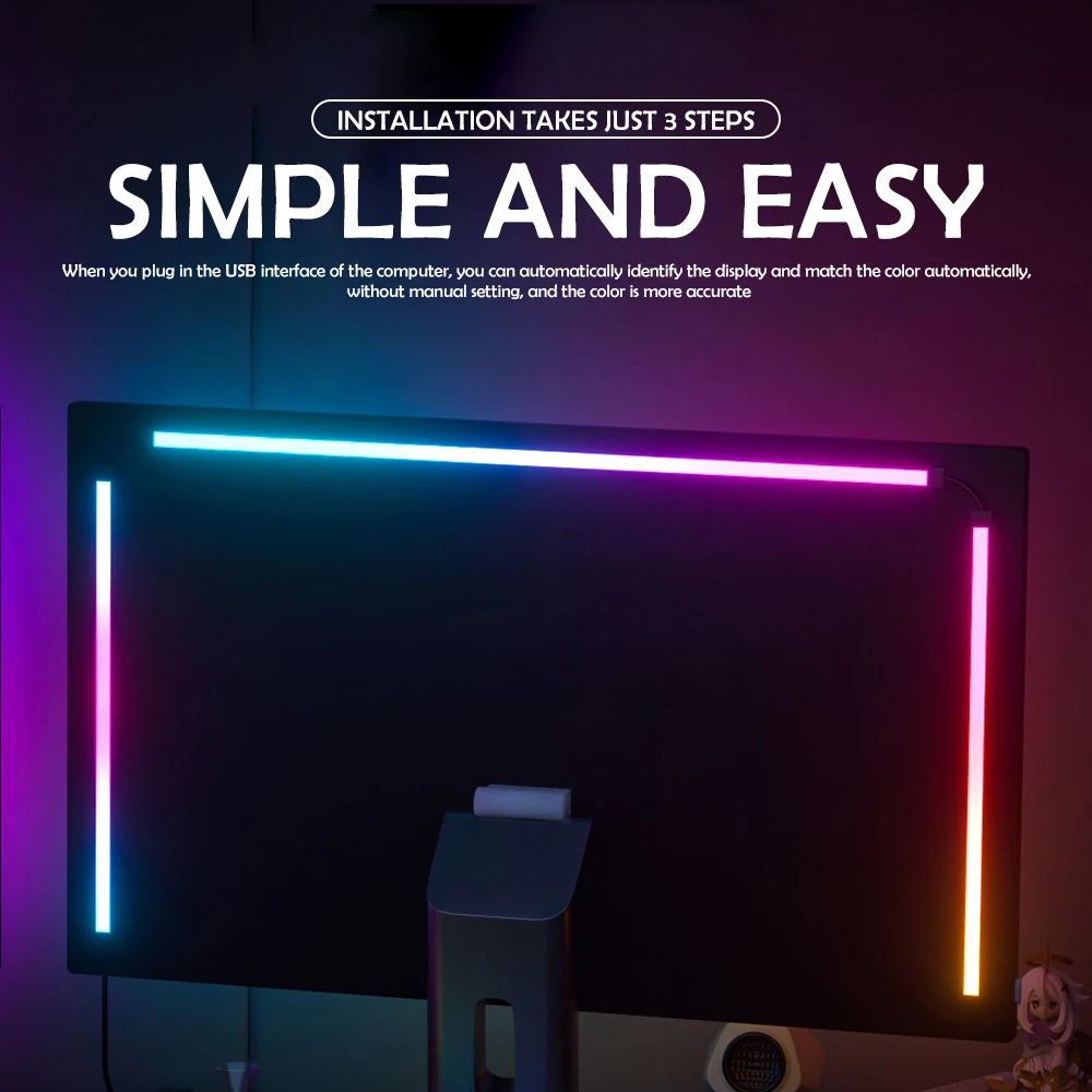 

E2 Игровая RGB синхронизация Световая полоса Компьютерный монитор Подсветка DIY Светодиодная лента Свет ПК Дисплей Синхронизация музыки Управление через приложение Декор игровой комнаты
