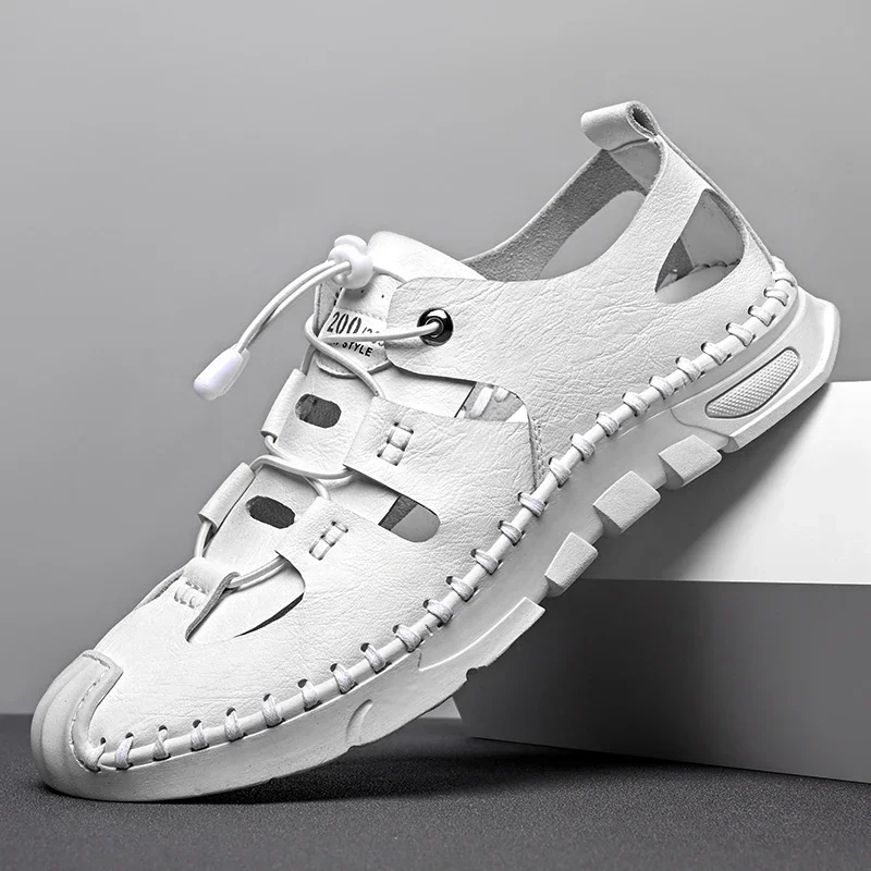 Summer High Quality Men's Fashion Trend Sandals Outdoor Breathable Massage Sole Anti slip Sandals Men's White Sandals Leather
