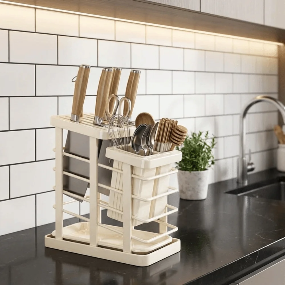 Carbon Steel Countertop Cutter Holder Detachable with Drain Tray Chopstick Tube Space Saving Kitchen Storage Rack Kitchenware