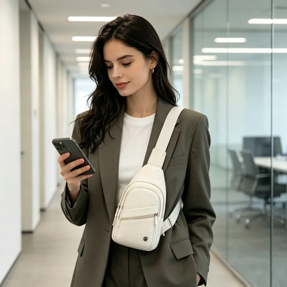 1 Pack White Lightweight Water Resistant Crossbody Chest Bag, Large Capacity Casual Sling Shoulder Bag for Commute Spring Outing Travel