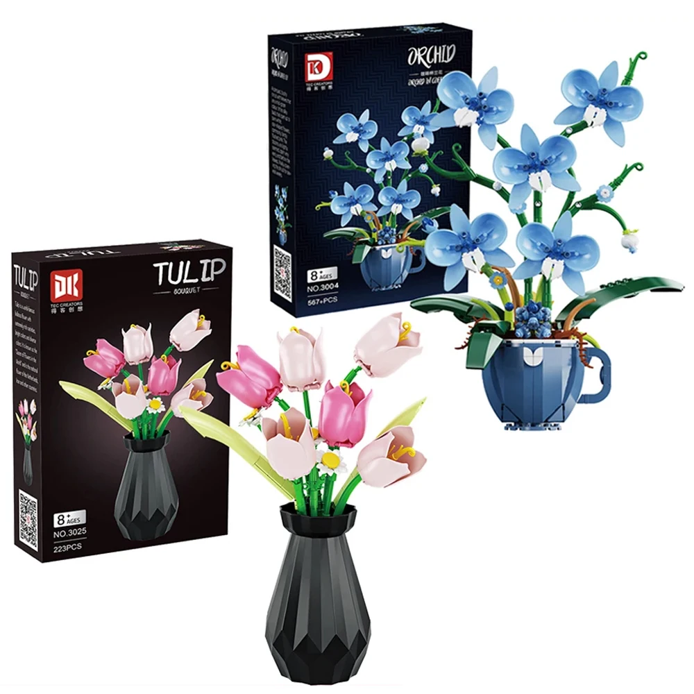 

Building Blocks Tulip Orchid Flowers Bouquet Flower Blocks Bonsai Plant Model Bricks Romantic DIY Home Decoration Toy for Gift
